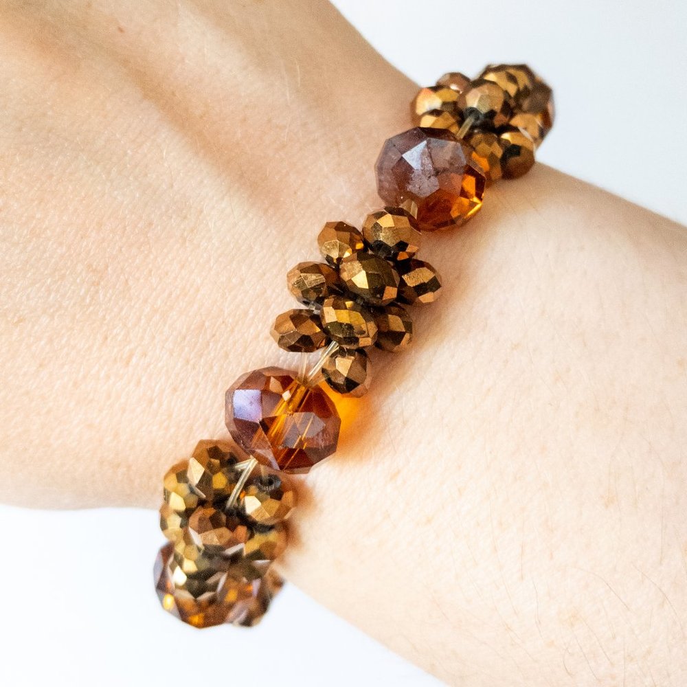 Amber Copper Tone Bead Bracelet Faceted Elastic Multi Color Boho Blingy Sparkly
